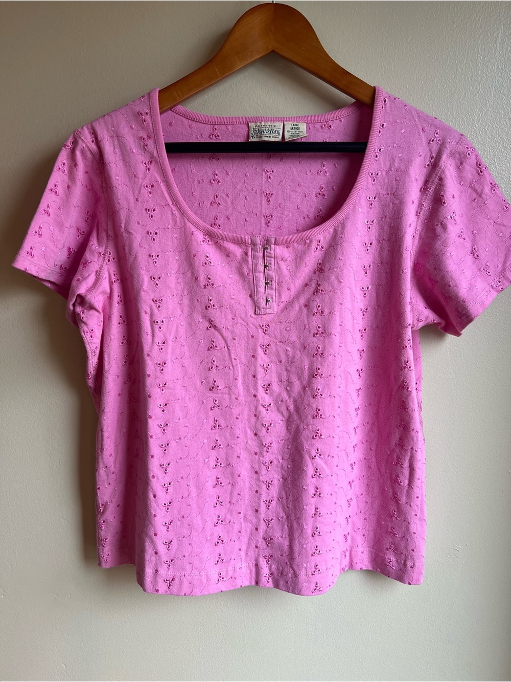 Vintage Pink Eyelet Embroidered Henley Baby Tee Women’s Large 90s Y2K